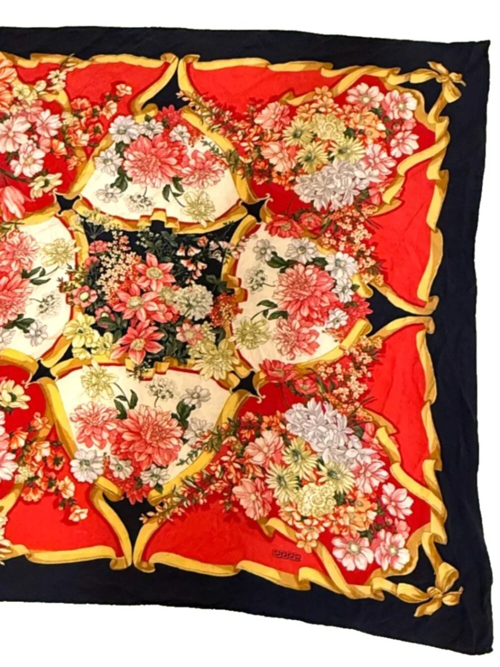 VINTAGE ERRE RED GOLD RIBBON MOTIF FLORAL HAND ROLLED SQUARE SILK SCARF ITALY